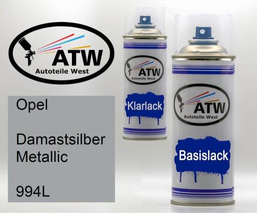 Opel, Damastsilber Metallic, 994L: 400ml Sprühdose + 400ml Klarlack - Set, von ATW Autoteile West.